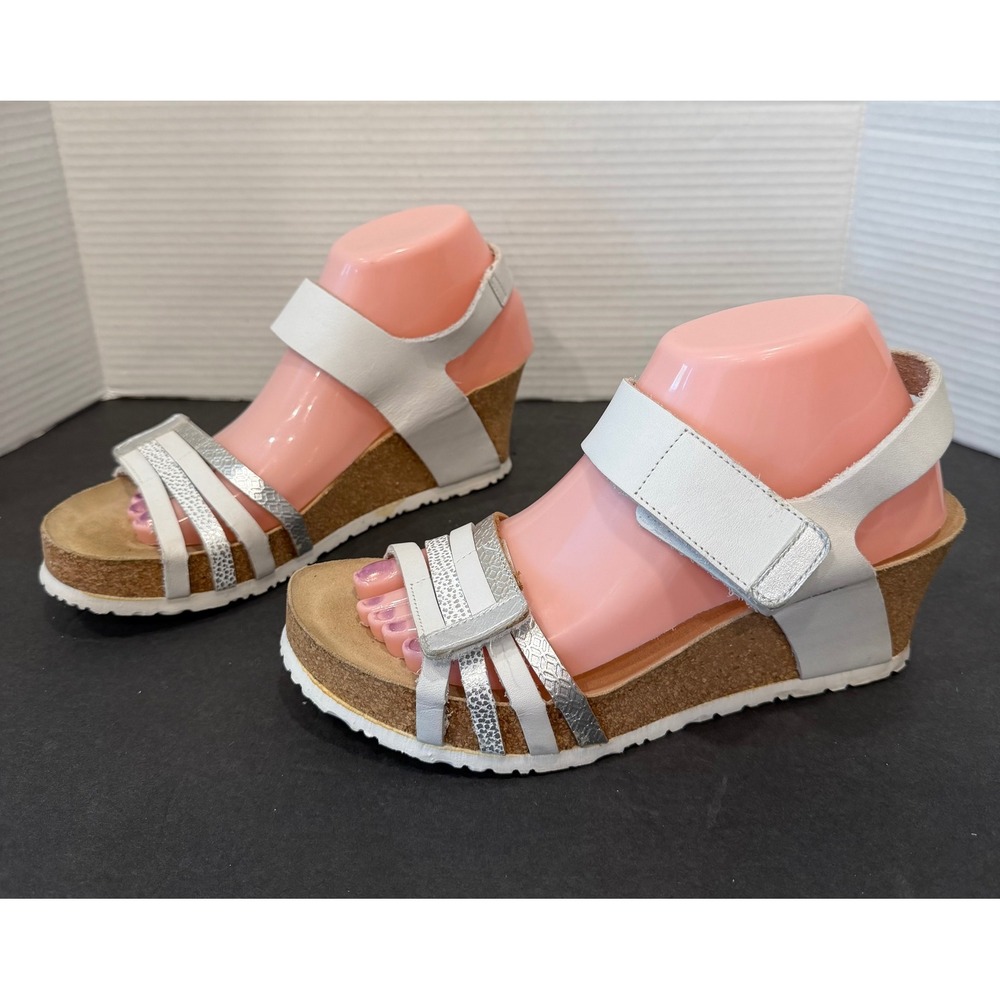 Mephisto Lucia White‎ Silver Leather Cork Slingback Wedge Sandals Sz 9.5 EU 40